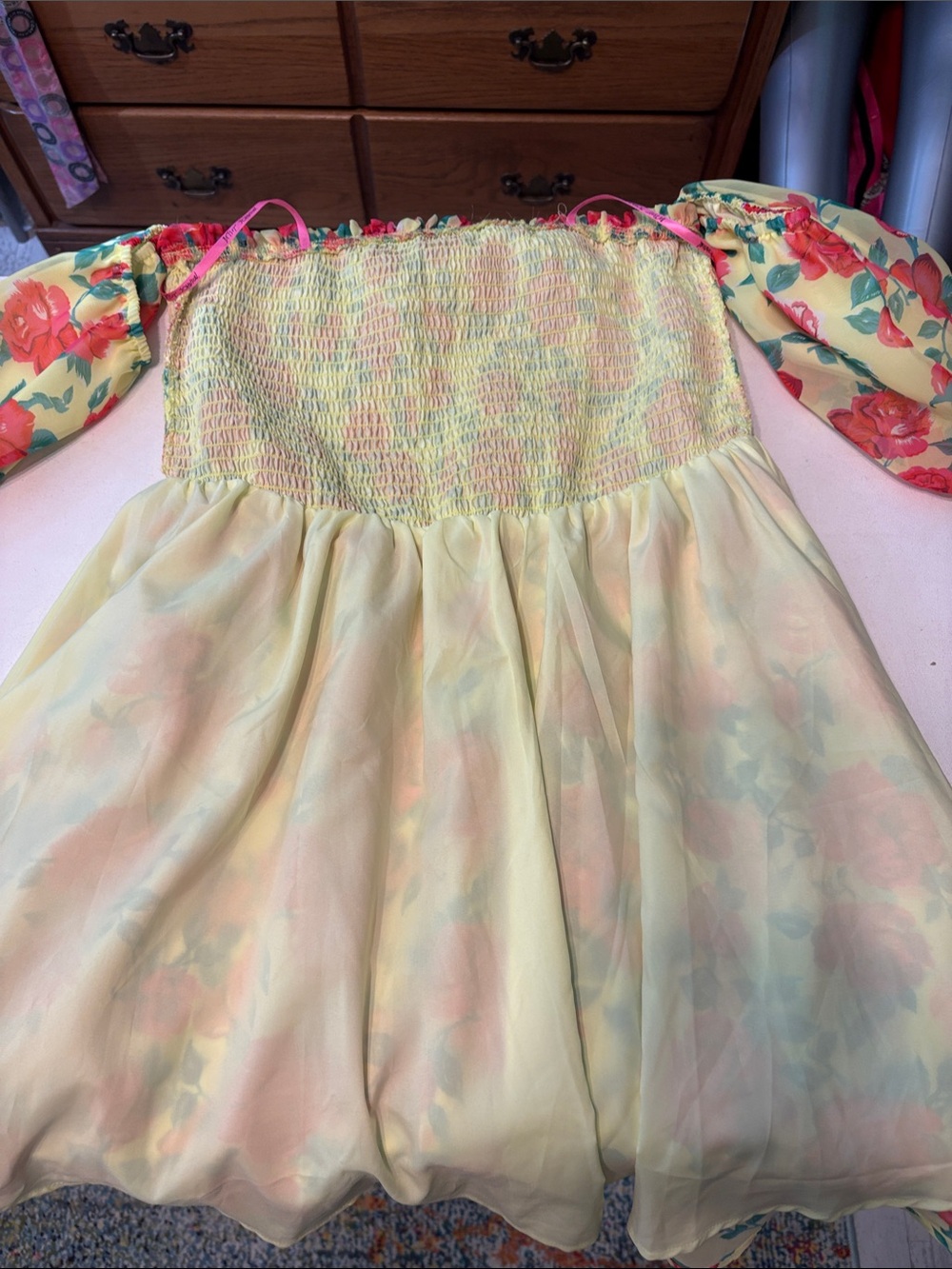 Betsey Johnson Yellow Mini Dress with Red Floral Print - Picture 13 of 15